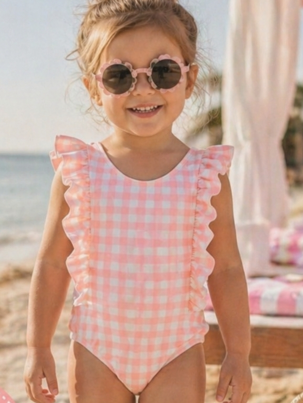 The Childrens Place Pink White Gingham Check One Piece Swimsuit UPF 50 12-18 M